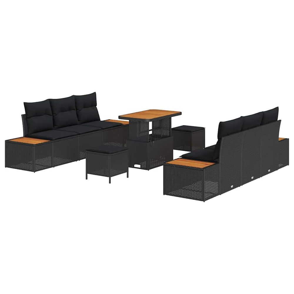 9 dalių Sodo Sofa Rinkinys su Pagalvėlėmis - Juodas Poliratanas ir Akacija - Namų Idėja