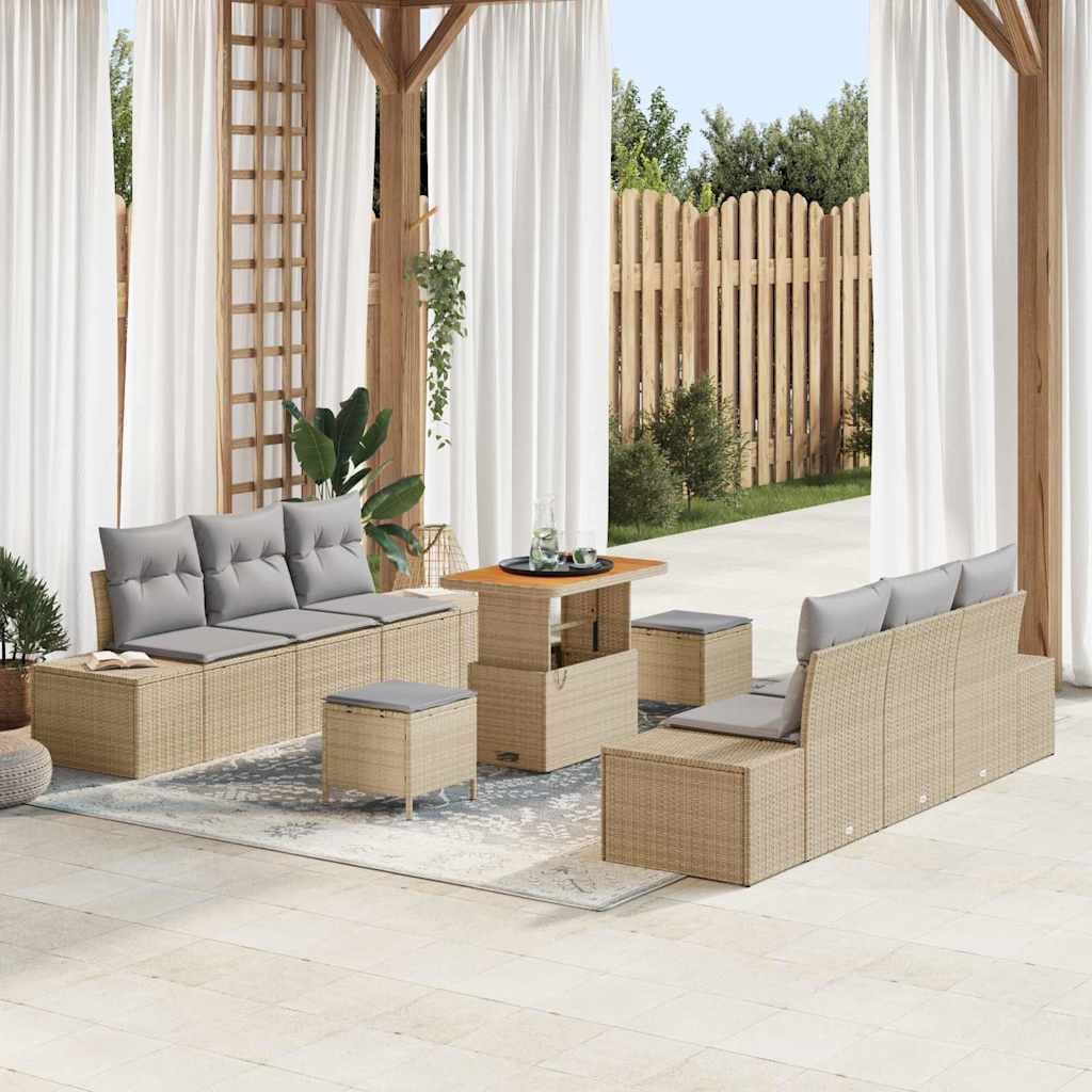 9 Dalių Sodo Sofa Rinkinys Su Pagalvėlėmis Smėlio Poli Ratanas Akacija - Namų Idėja