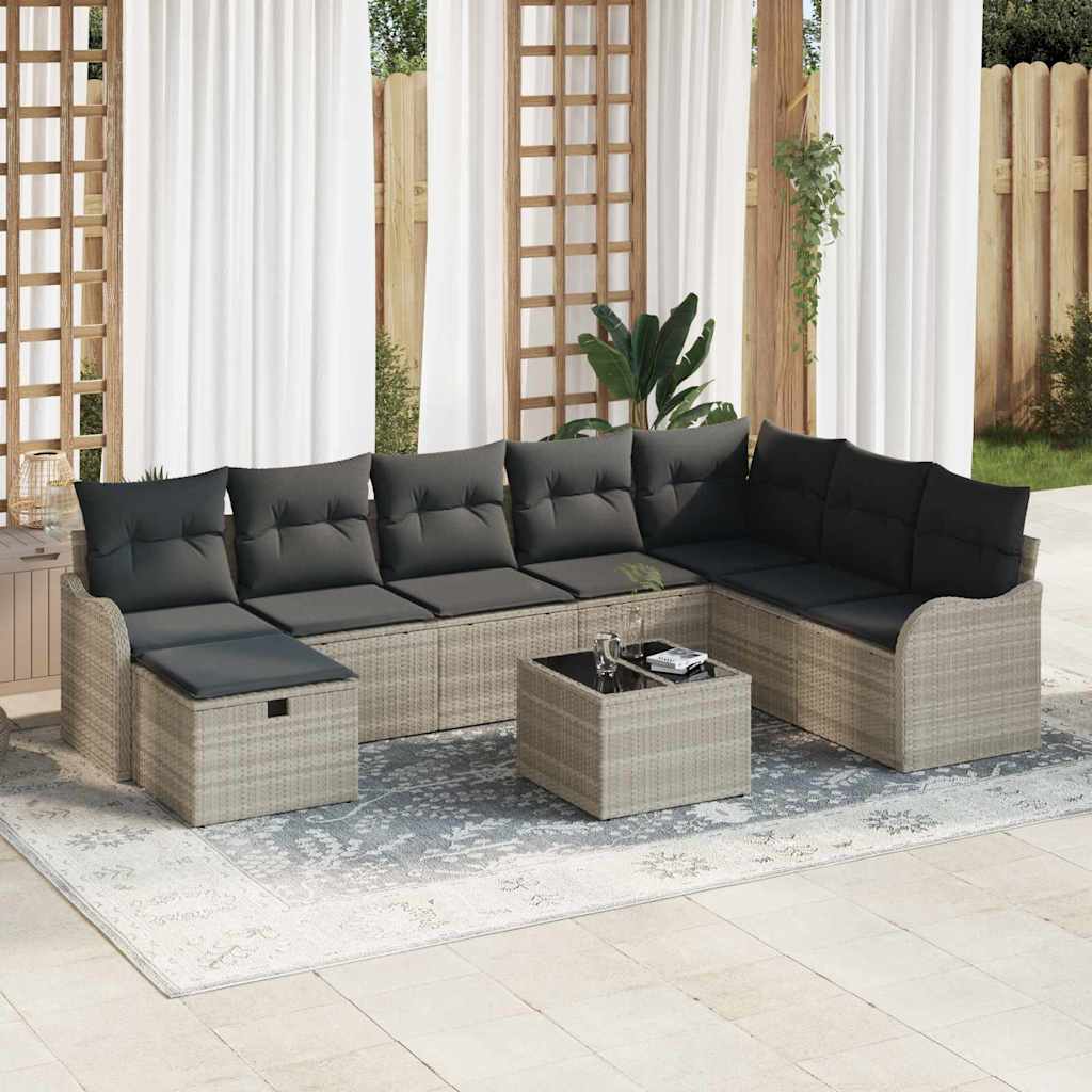 9 dalių sodo sofa rinkinys su pagalvėlėmis šviesiai pilka poli ratanas - Namų Idėja