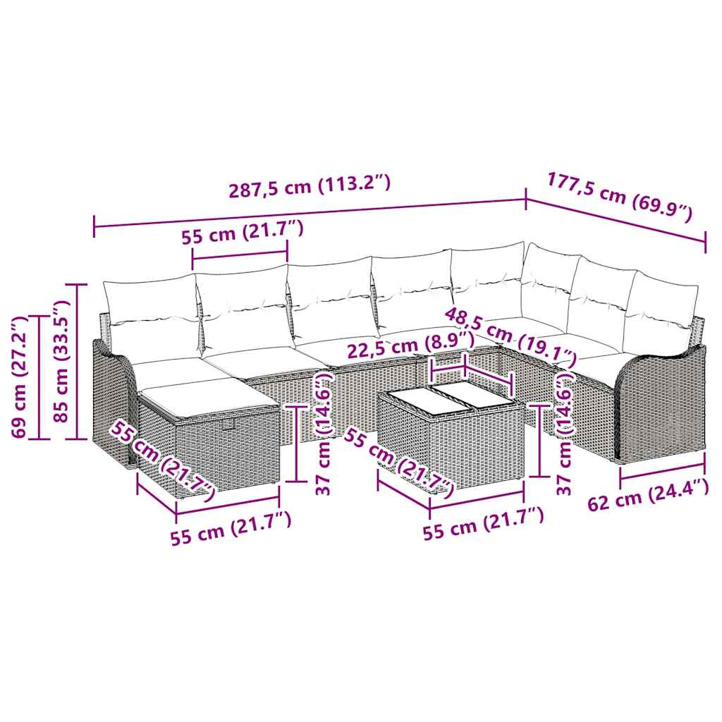 9 dalių sodo sofa rinkinys su pagalvėlėmis šviesiai pilka poli ratanas - Namų Idėja