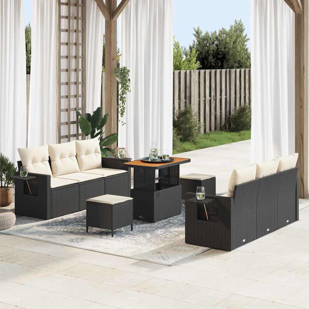 9 Dalių Sodo Sofa Rinkinys su Pagalvėmis Juodas Poli Ratanas Akacija - Namų Idėja