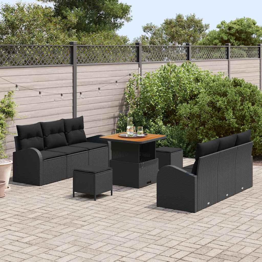 9 Dalių Sodo Sofa Rinkinys Su Pagalvėmis Juodas Poli Ratanas Akacija - Namų Idėja