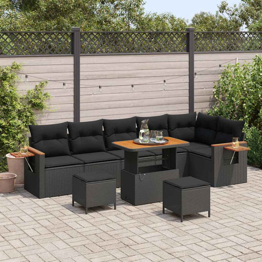9 Dalių Sodo Sofa Rinkinys Su Pagalvėmis Juodas Poli Ratanas Akacija - Namų Idėja
