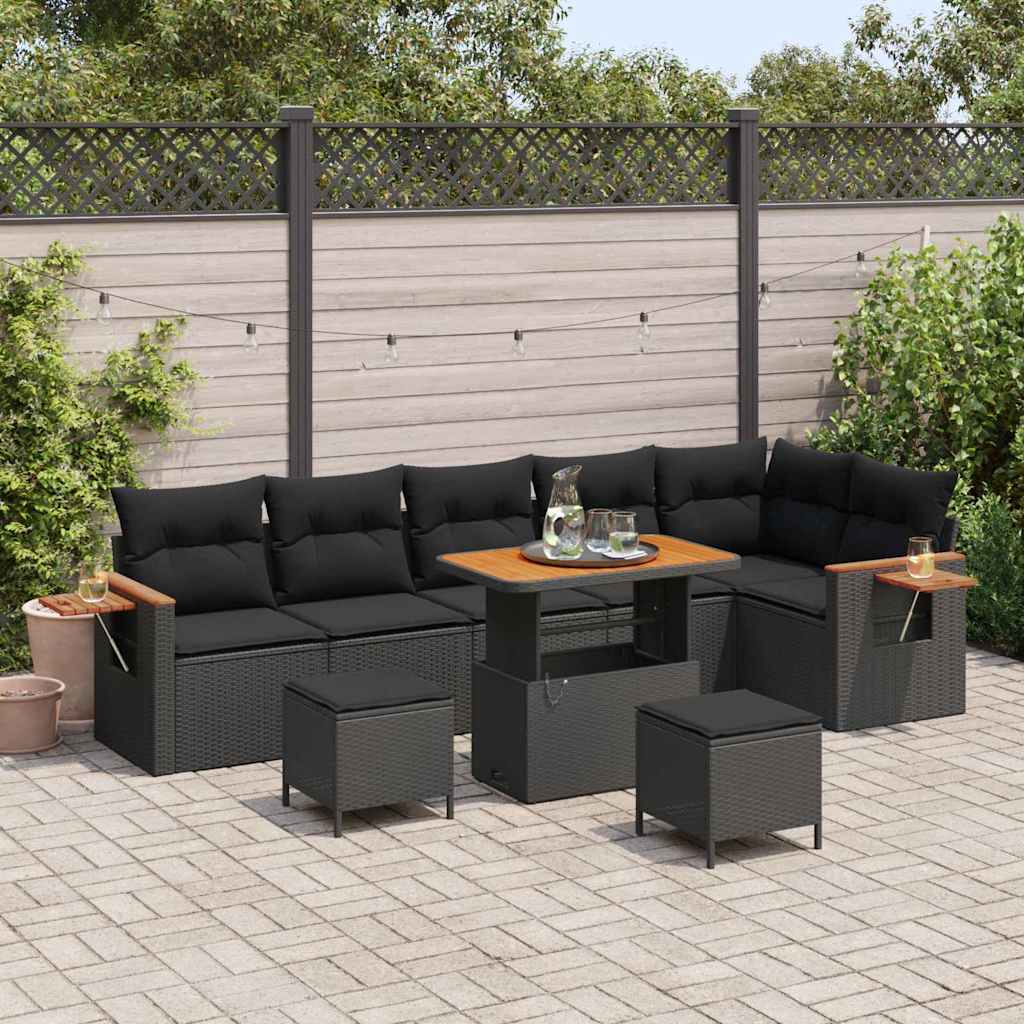 9 Dalių Sodo Sofa Rinkinys Su Pagalvėmis Juodas Poli Ratanas Akacija - Namų Idėja