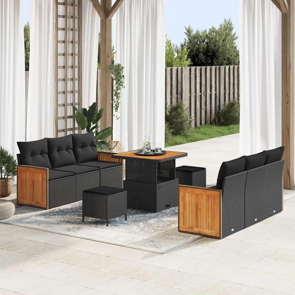 9 dalių Sodo Sofa Rinkinys su Pagalvėmis Juodas Poli Rotango Akacija - Namų Idėja