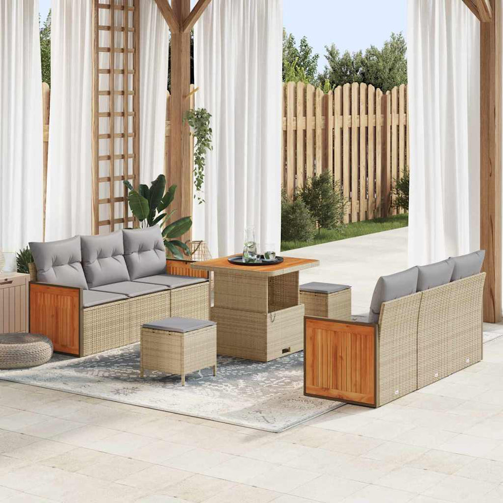 9 Dalių Sodo Sofa Rinkinys su Pagalvėmis Smėlio Poli Ratanas Akacija - Namų Idėja