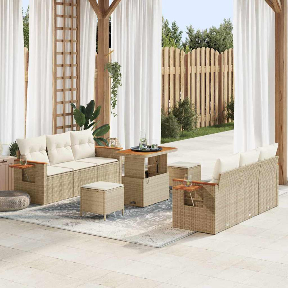 9 dalių sodo sofa su pagalvėlėmis smėlio spalvos poli ratanas akacija - Namų Idėja