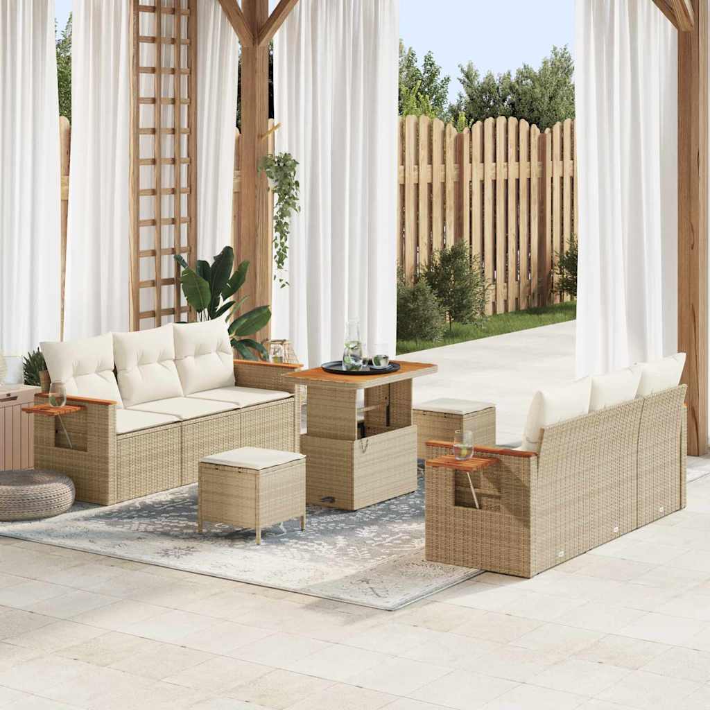 9 dalių sodo sofa su pagalvėlėmis smėlio spalvos poli ratanas akacija - Namų Idėja