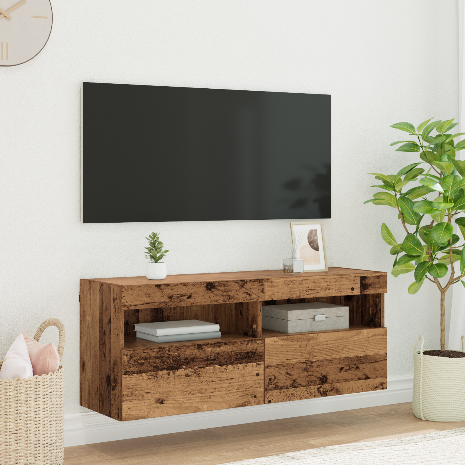 TV sieninė spintelė su LED Senovinis medis 100 x 30 x 40 cm