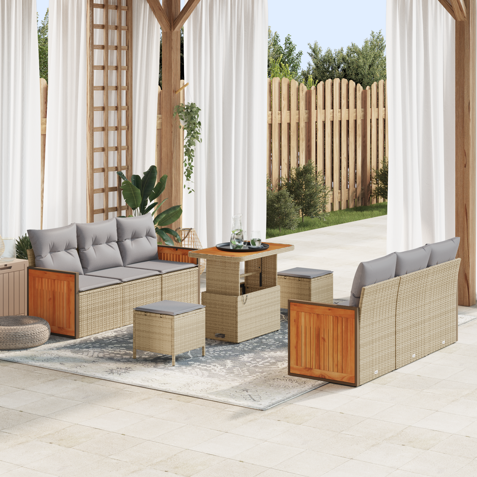 9 dalių Sodo Sofa Rinkinys su Pagalvėlėmis Smėlio Poli Ratanas Akacija