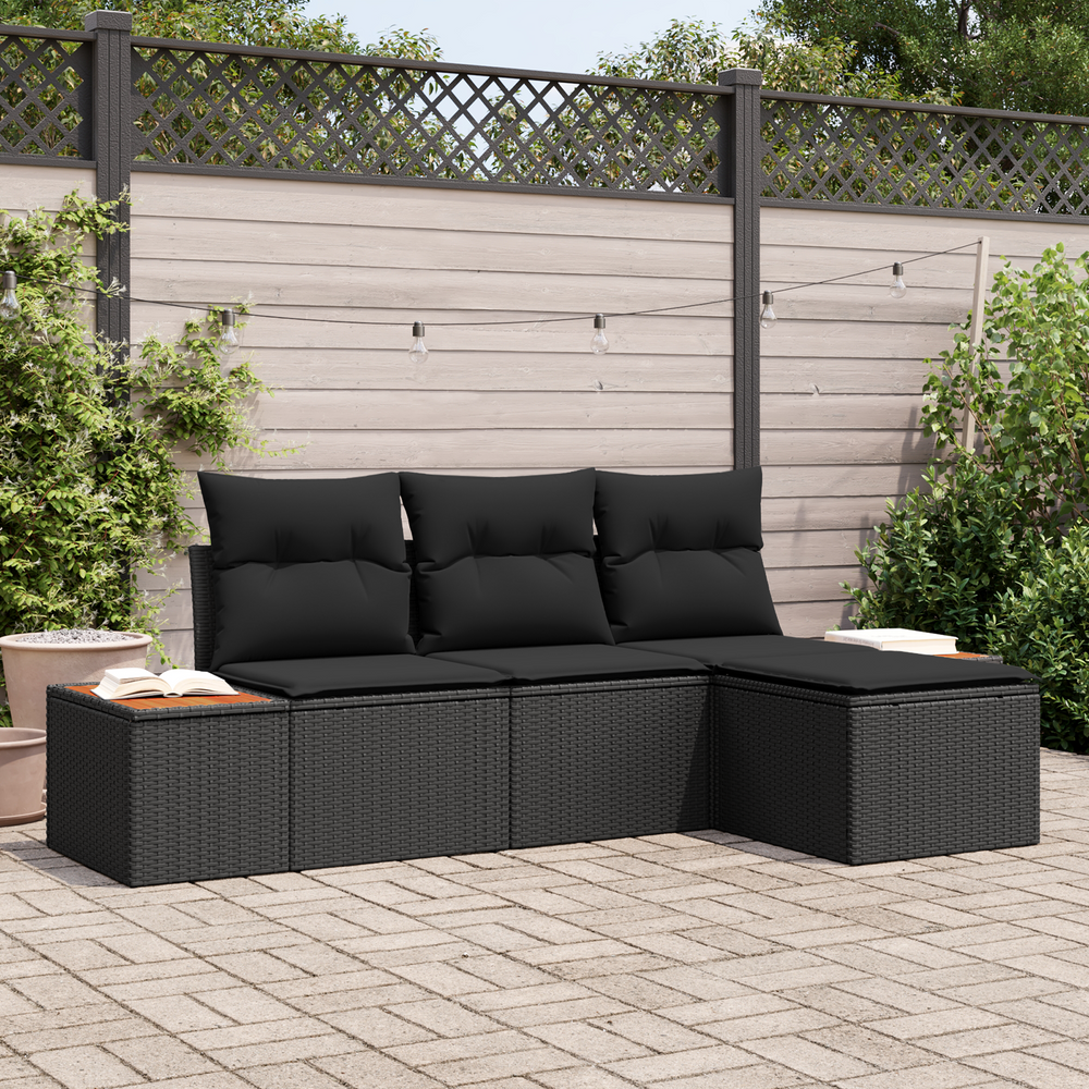 4-Piece Garden Sofa Set with Cushions Black Poly Rattan Acacia