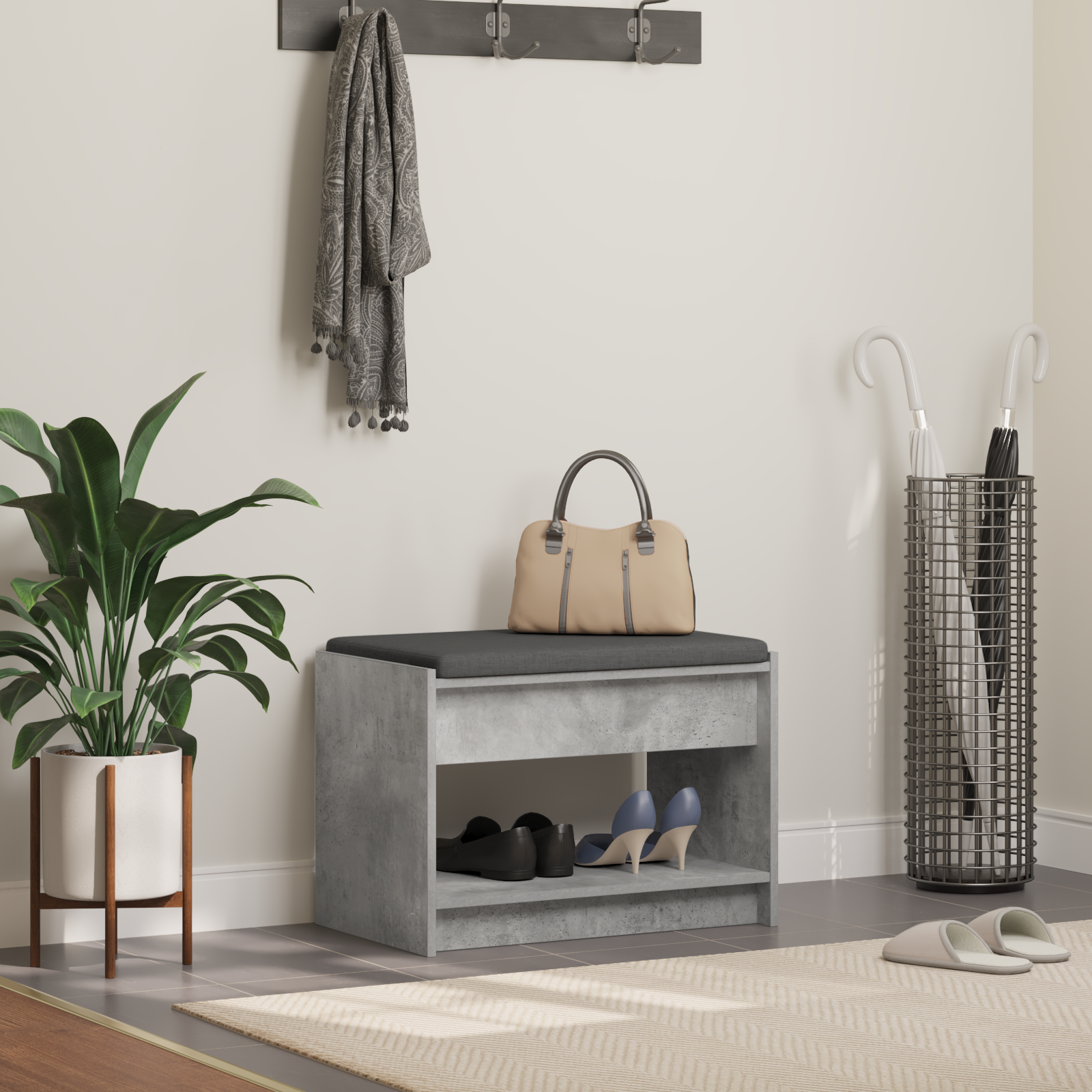 Koridoriaus suolas su pagalve Betono Pilka 63 x 38 x 45 cm