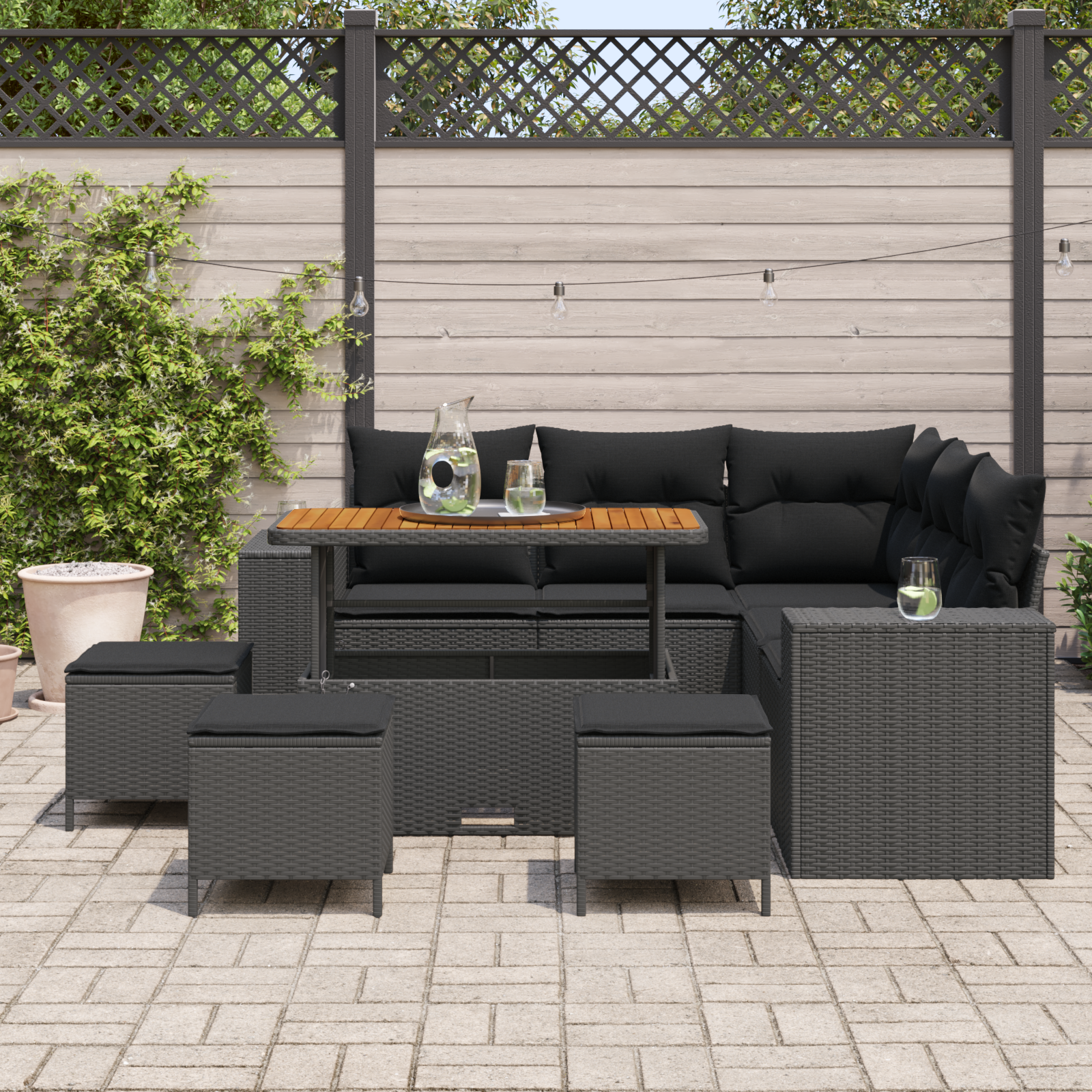 Sodo Sofų Rinkinys su pagalve su saugykla 9 pcs Juoda
