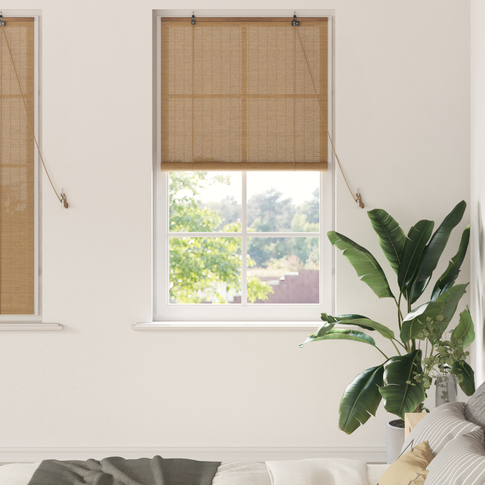 Bamboo Roller Blind with Curtains Brown 90 x 160 cm