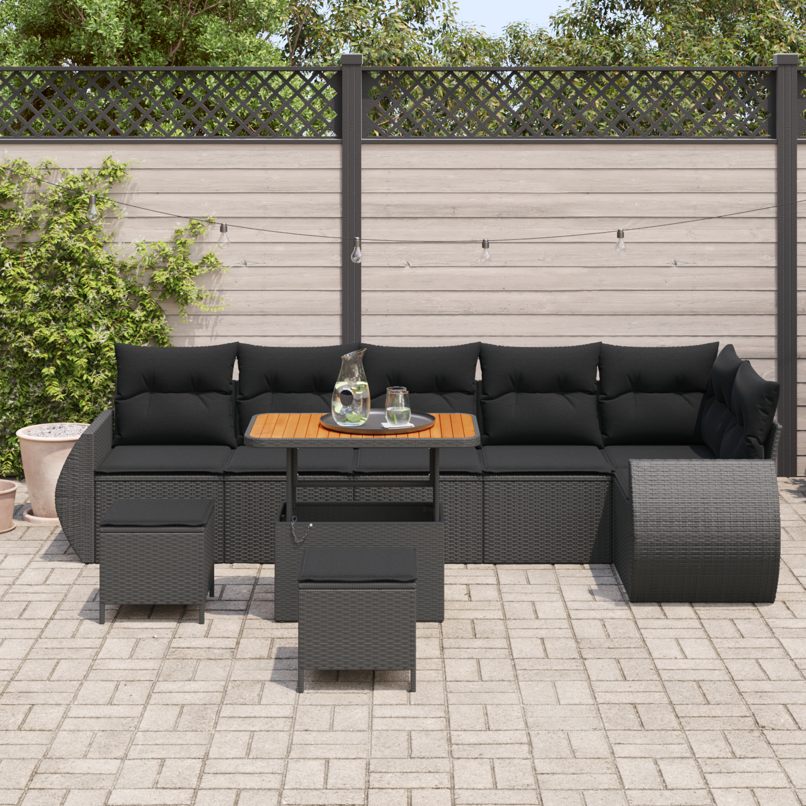 Sodo Sofų Rinkinys su pagalve 9 pcs Juoda Poli ratanas