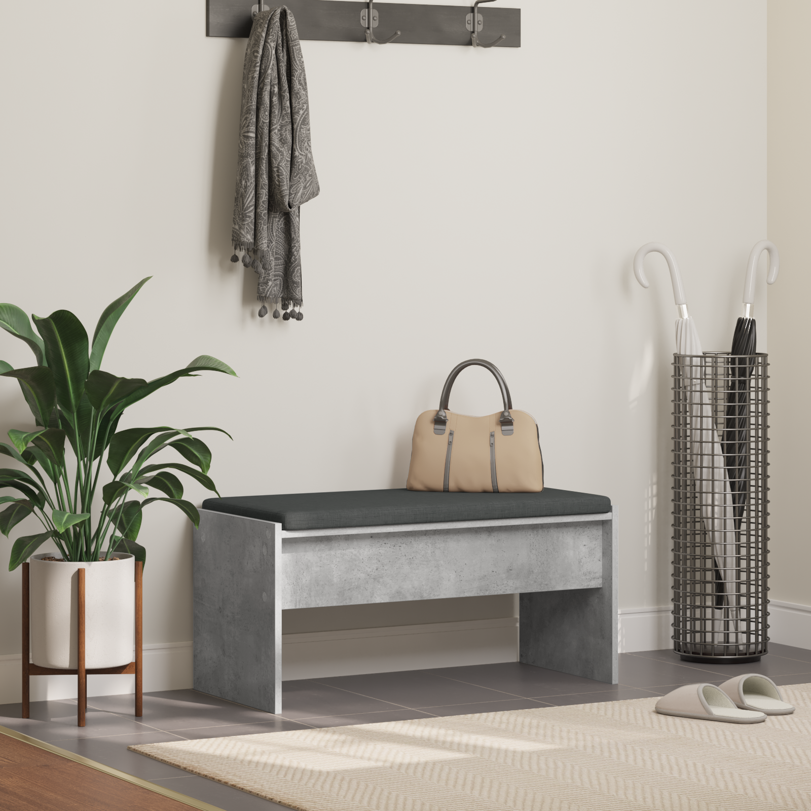 Koridoriaus suolas su pagalve Betono pilka 80 x 38 x 46 cm