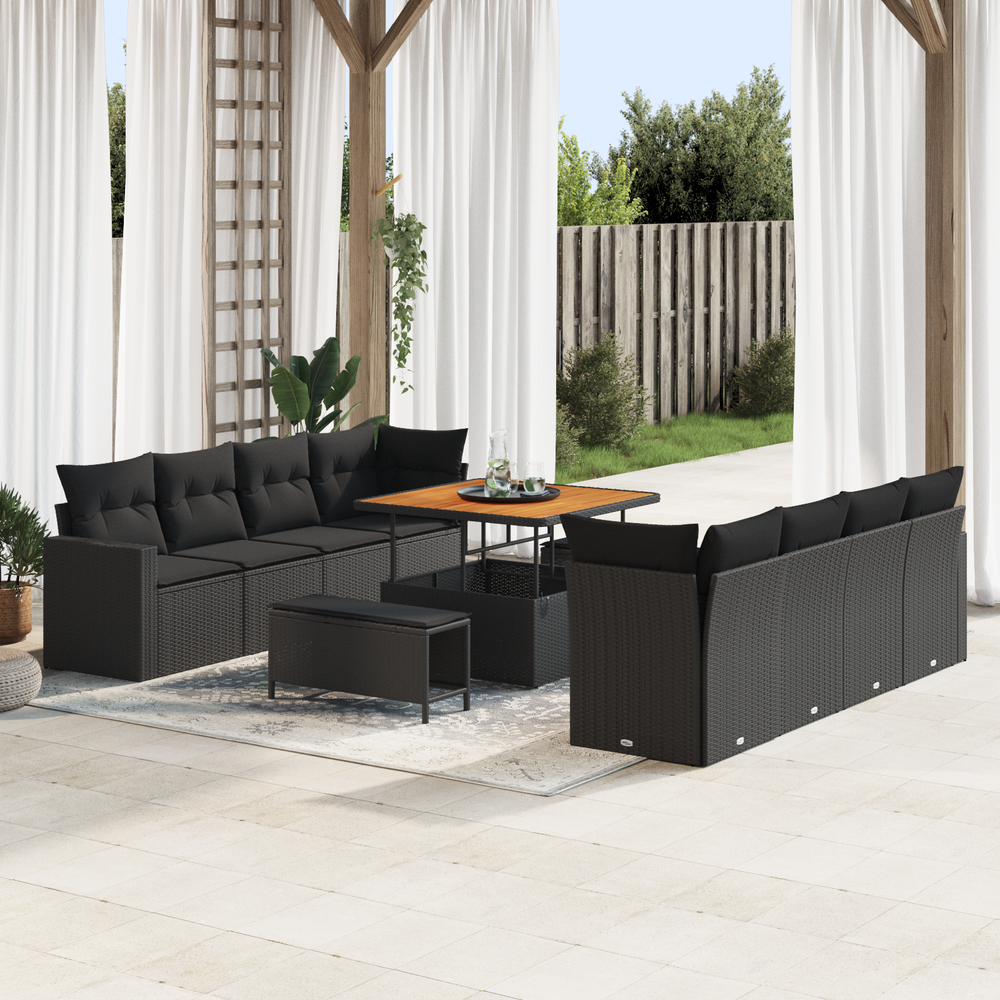 11-piece garden sofa set with cushions black poly rattan acacia