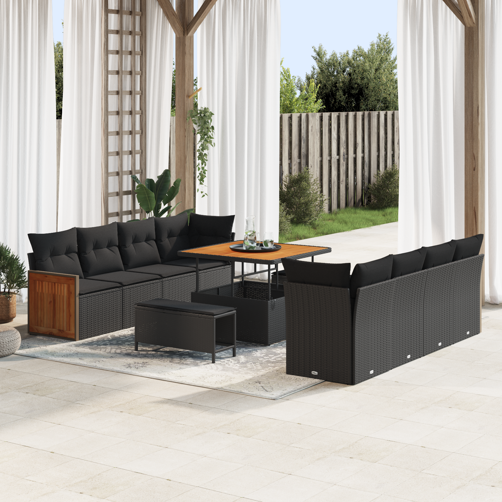 Sodo Sofų Rinkinys su pagalve 11 pcs Juoda