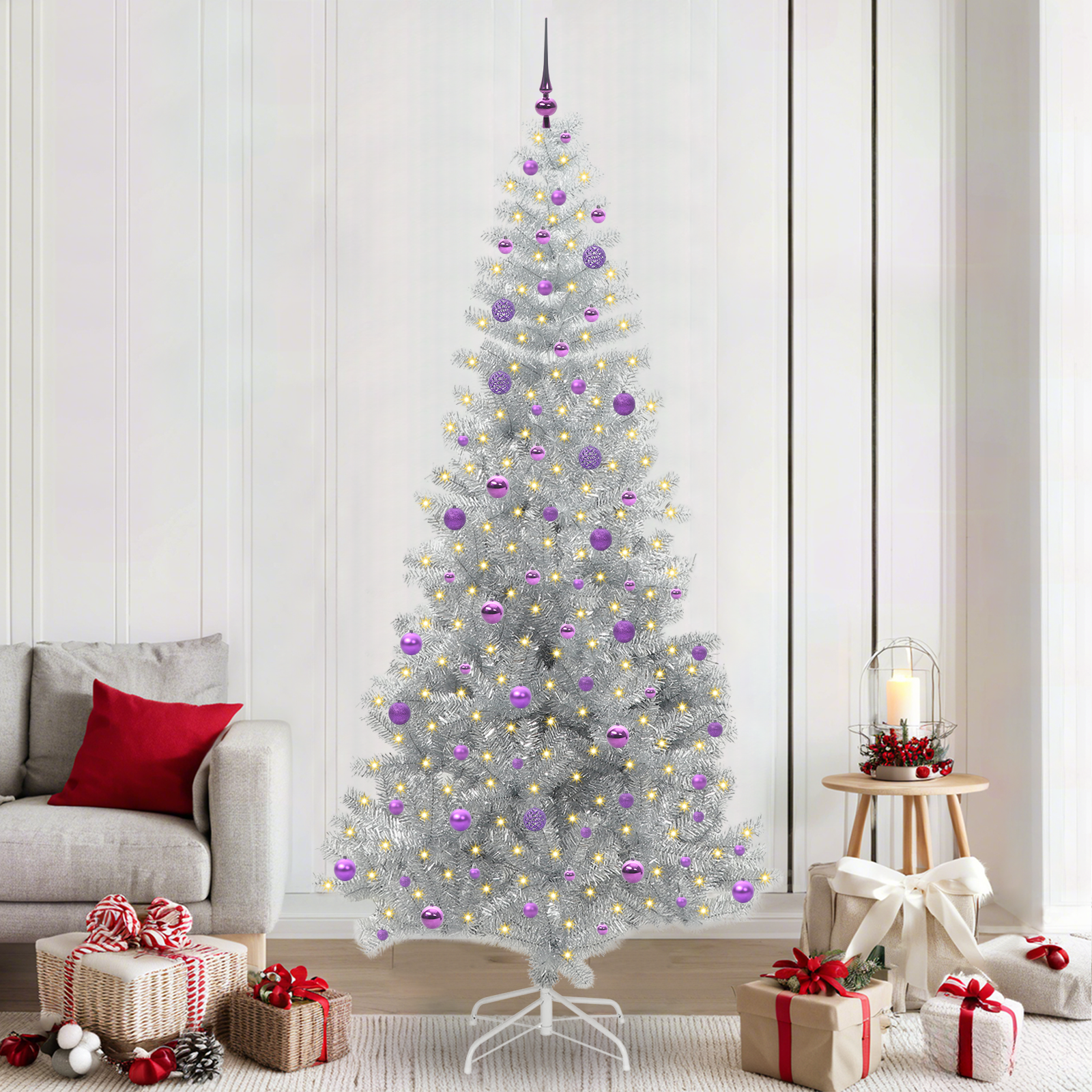 Ziemassvētku eglīte ar 300 LED lampiņām un statīvu, sudraba, 240 cm, PET
