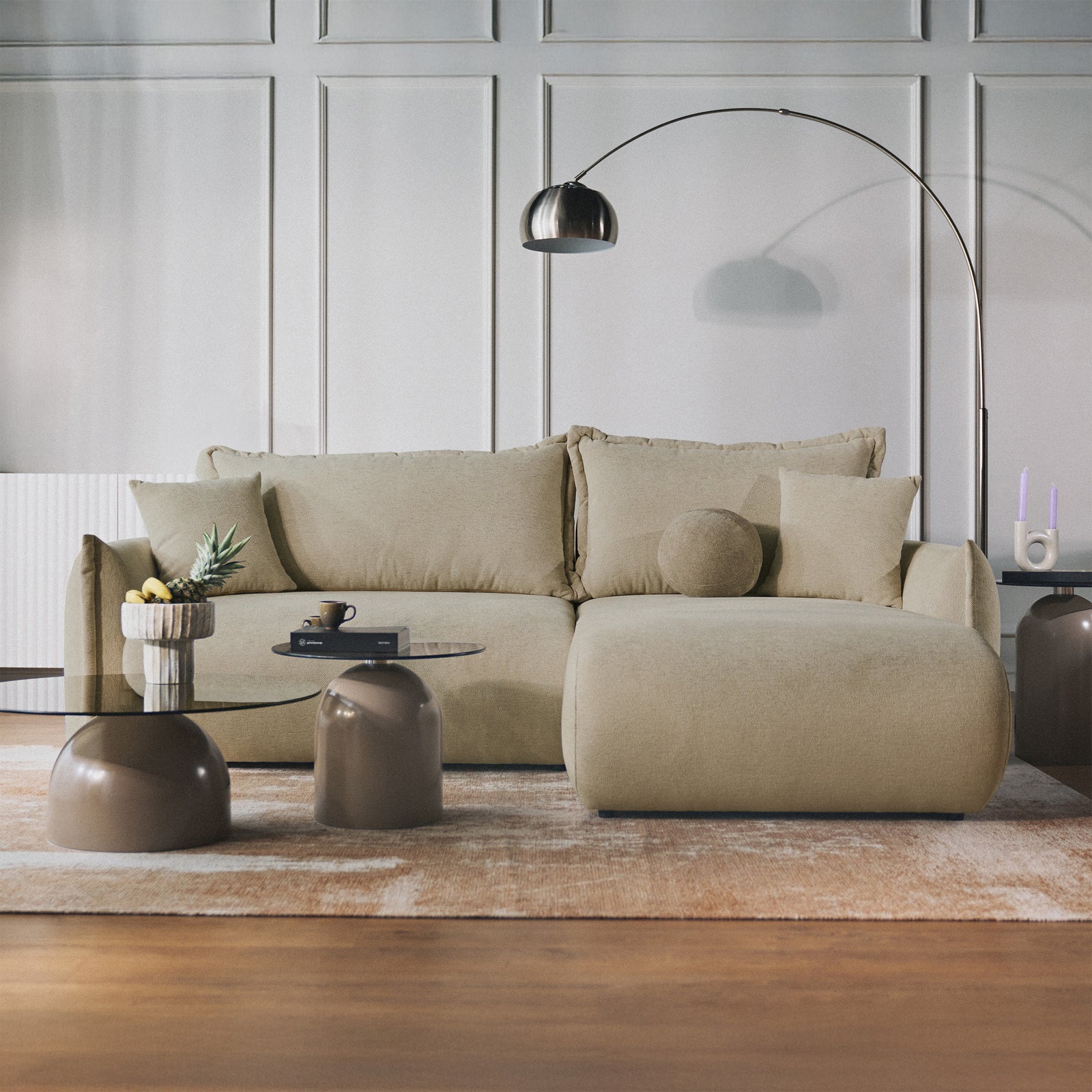 Kampinė sofa-lova CUSHI, smėlinė, dešinė