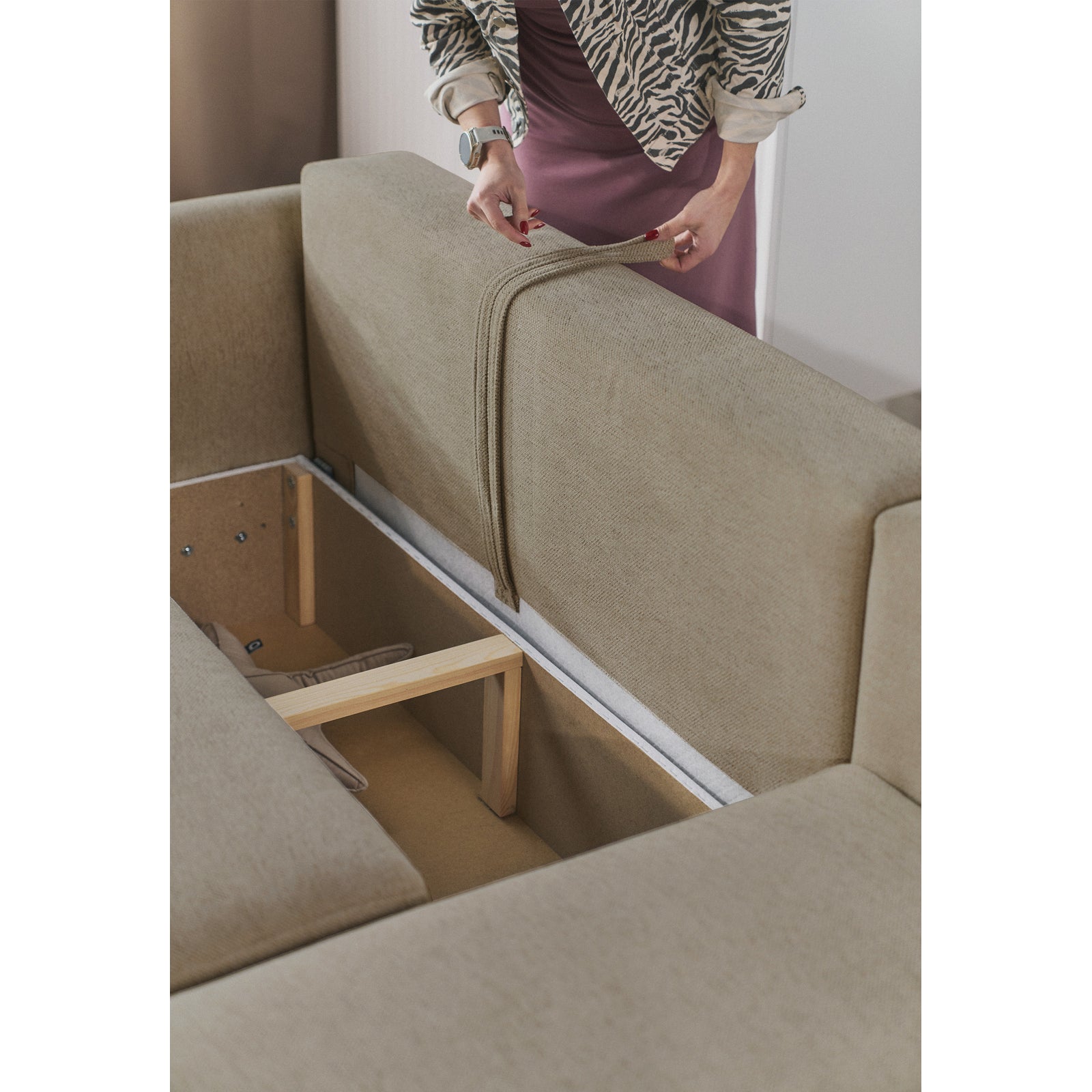 Kampinė sofa-lova CUSHI, smėlinė, dešinė
