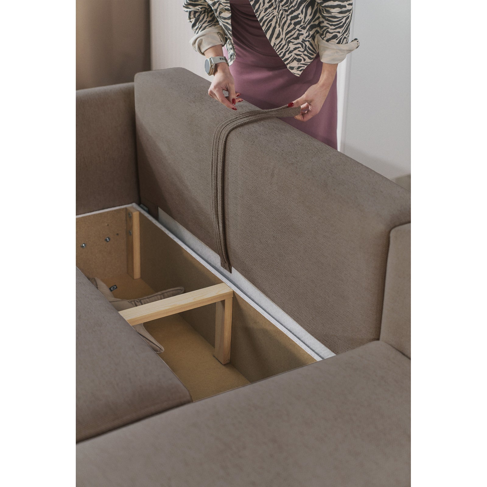 Kampinė sofa-lova CUSHI, šviesiai ruda, dešinė