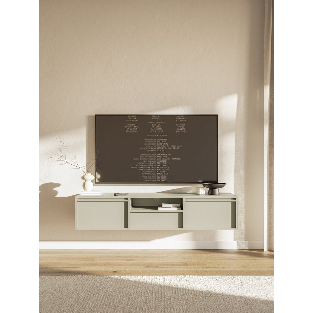 TV staliukas ODINO, pilkai smėlinė, pakabinamas – išskleista miego funkcija