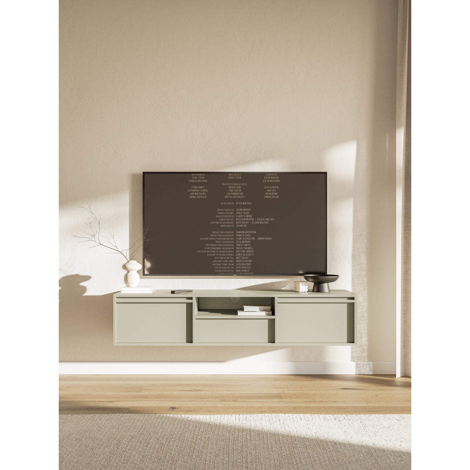 TV staliukas EVO, pilkai smėlinė, pakabinamas