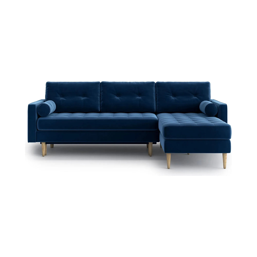 ESME dygsniuota kampinė sofa lova, mėlyna spalva, universali kampinė pusė