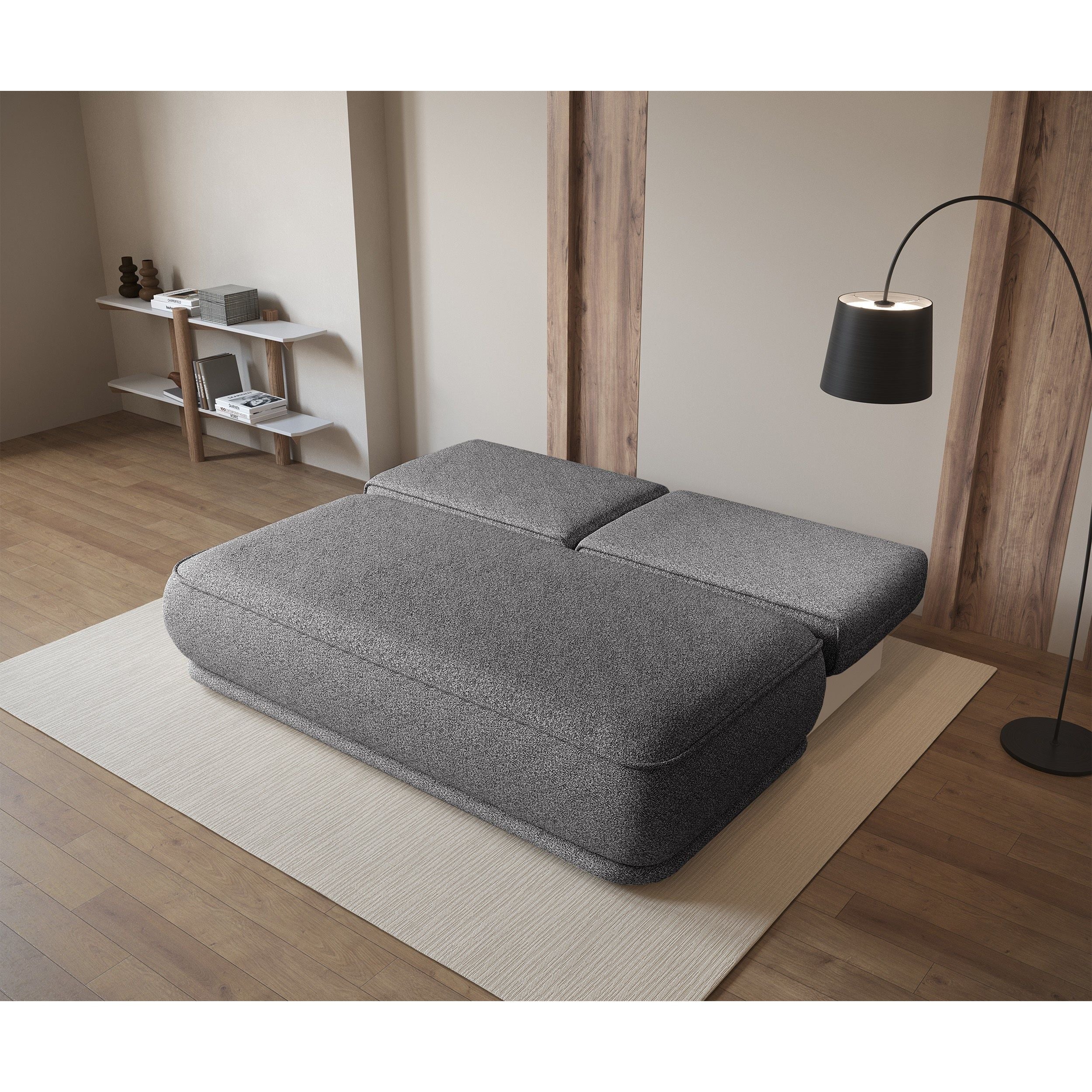Trivietė sofa lova LENNO, tamsiai pilka spalva, boucle