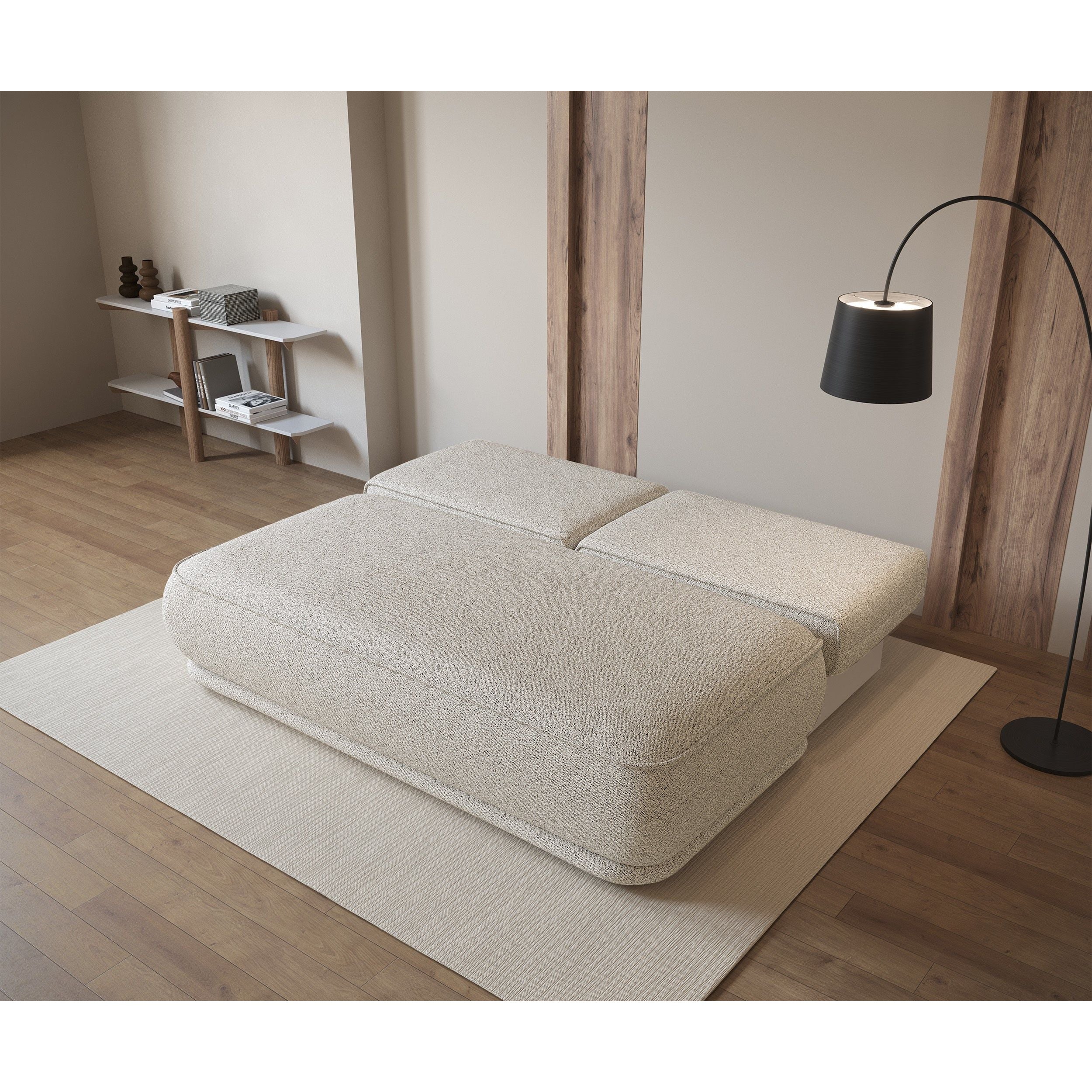 Trivietė sofa lova LENNO, šviesi smėlio spalva, boucle