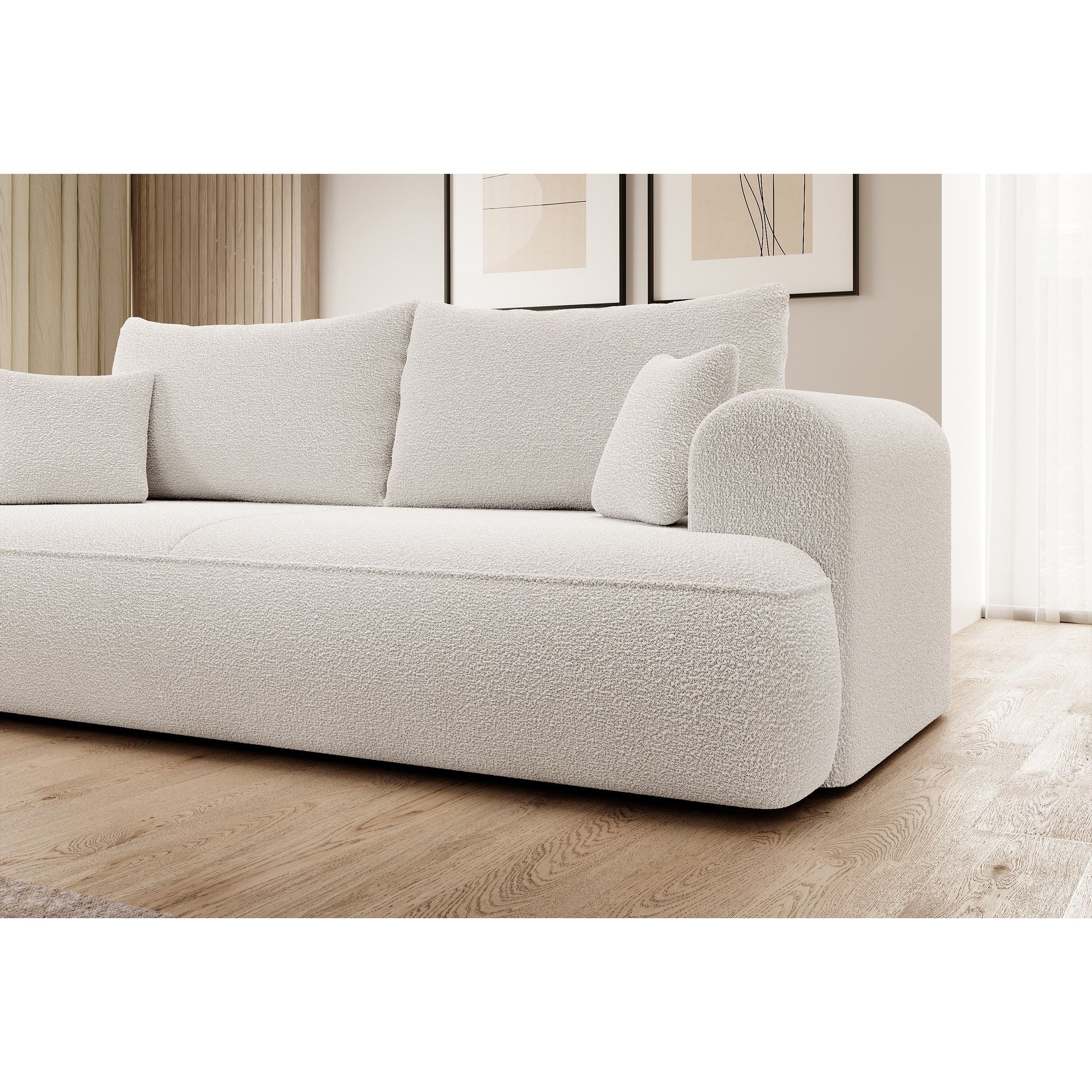 Trivietė Sofa OVO, su miegamąja funkcija, kreminė spalva, boucle