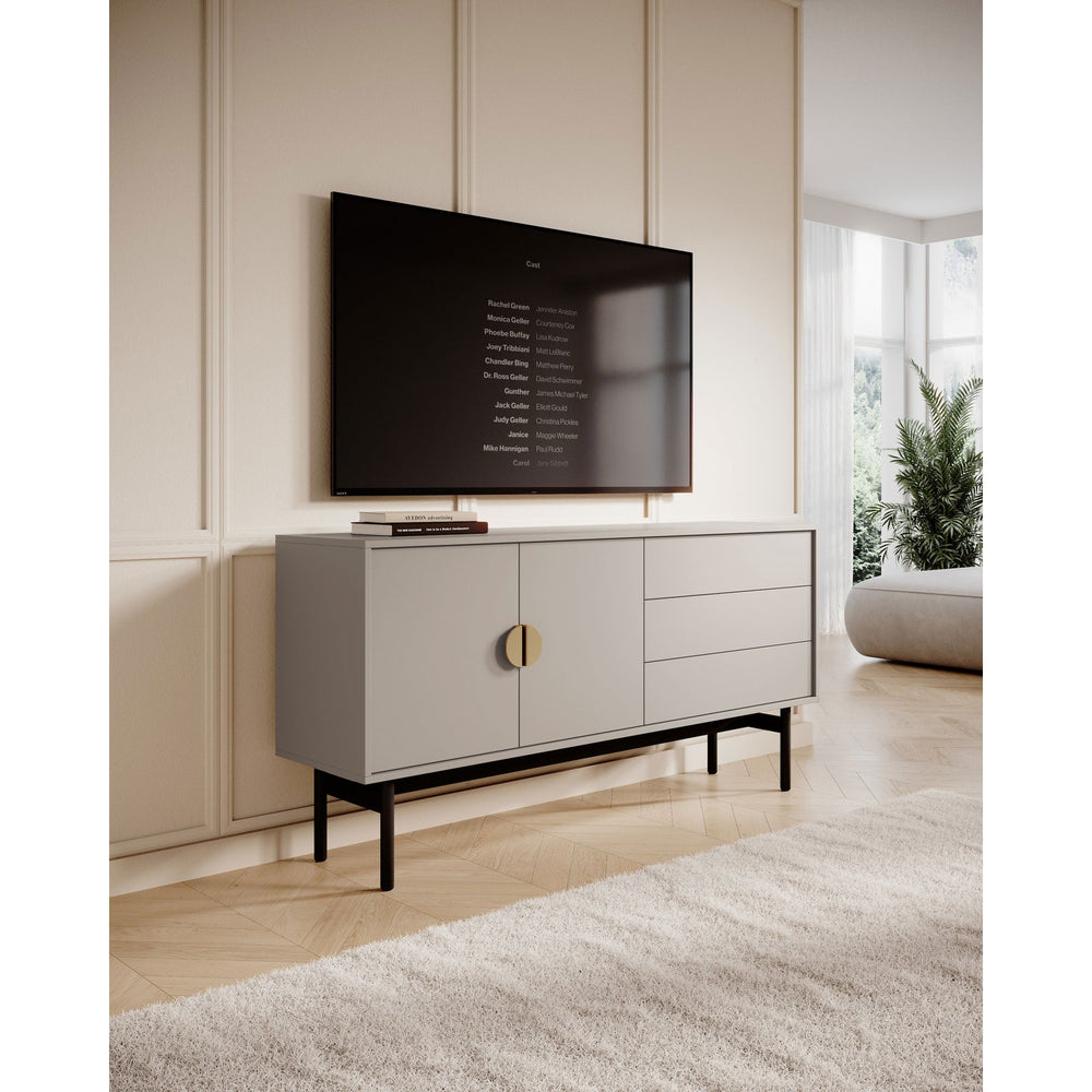 TV staliukas STOON, pilkai smėlinė, 154 cm – priekis ir šonas
