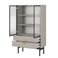 Žema vitrina STOON, pilkai smėlinė, 85 cm – metalo detalė