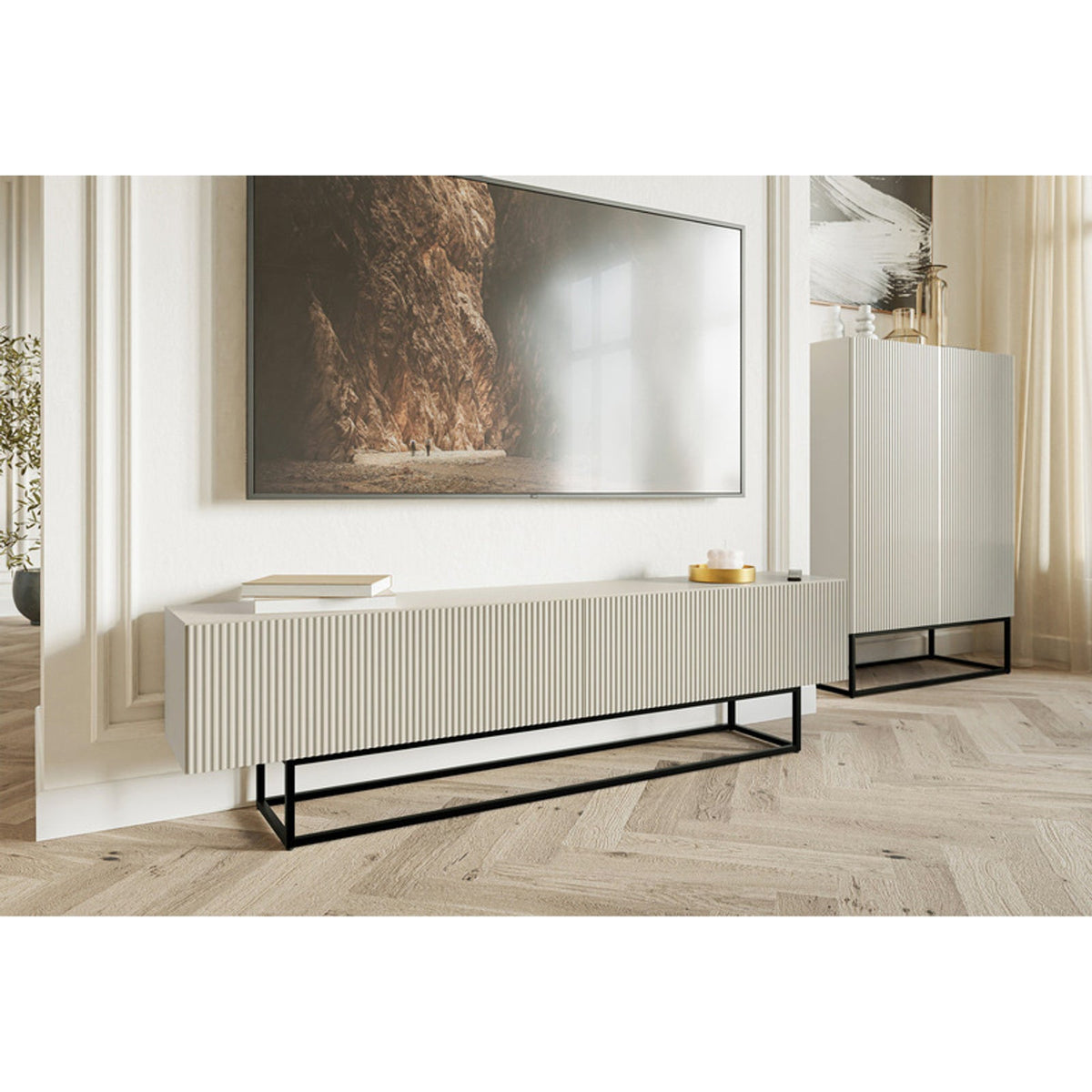 TV spintelė GREYA, pilka, 175 cm, juodos kojos