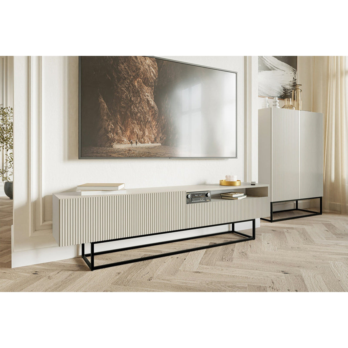TV spintelė GREYA, pilka, 175 cm, juodos kojos, 2