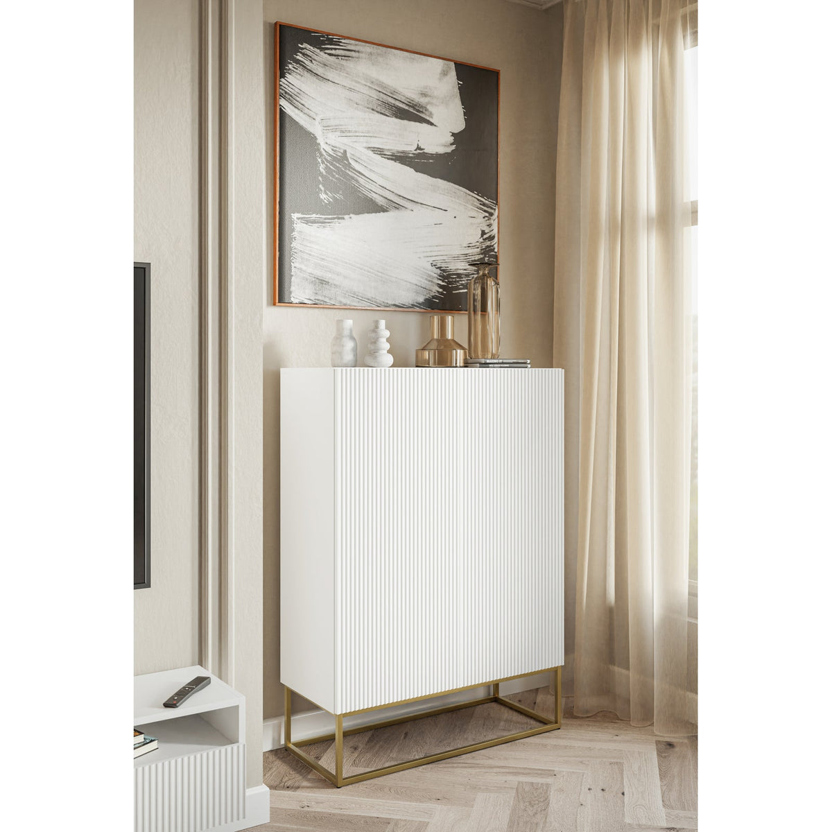 Komoda GREYA, 90 cm, balta – karkaso detalė
