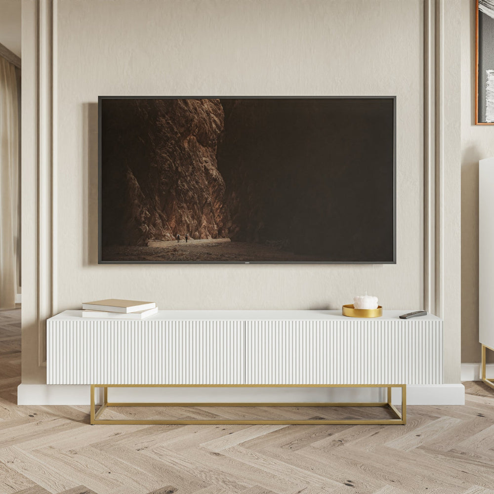 TV staliukas VELDIO, balta, 175 cm, auksinės kojos