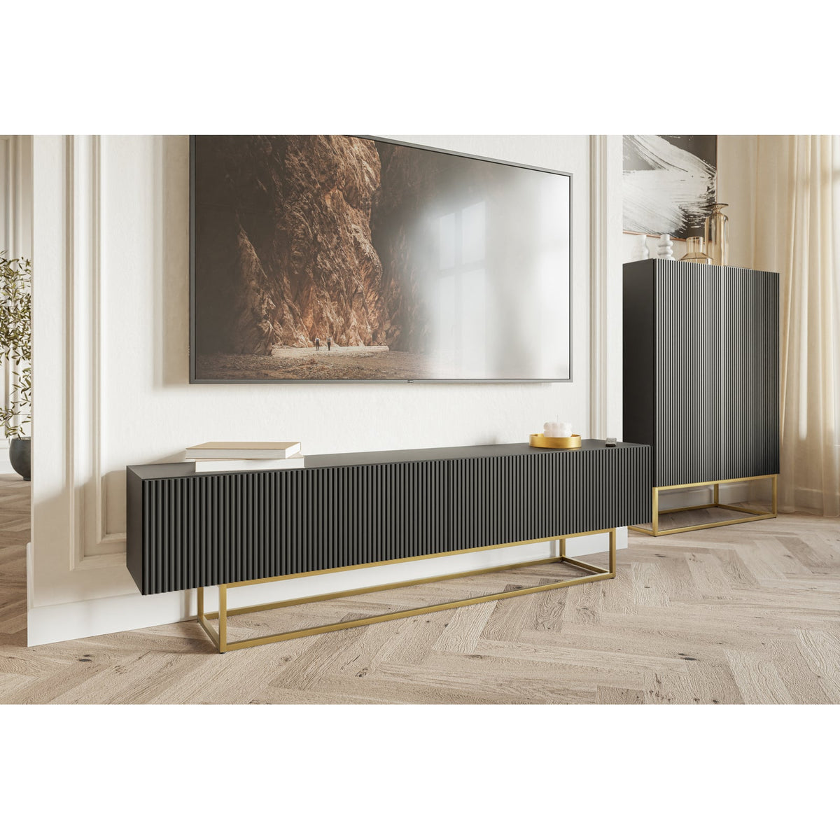 TV spintelė GREYA, juoda, 175 cm, auksinės kojos, 2