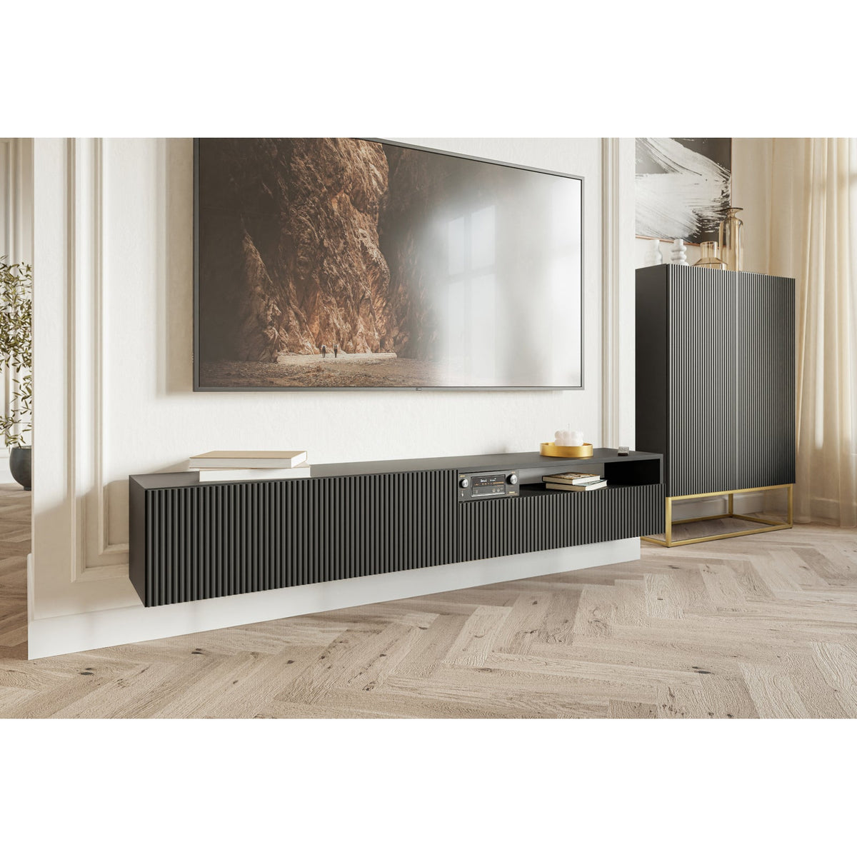 TV spintelė GREYA, juoda, 175 cm