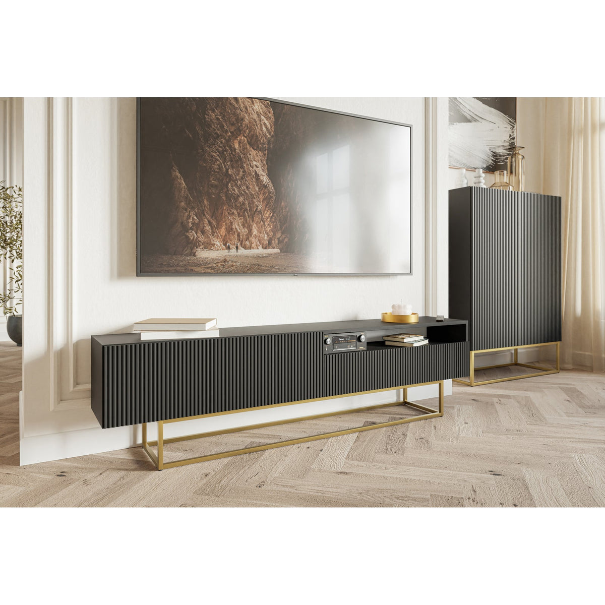TV spintelė GREYA, juoda, 175 cm, auksinės kojos