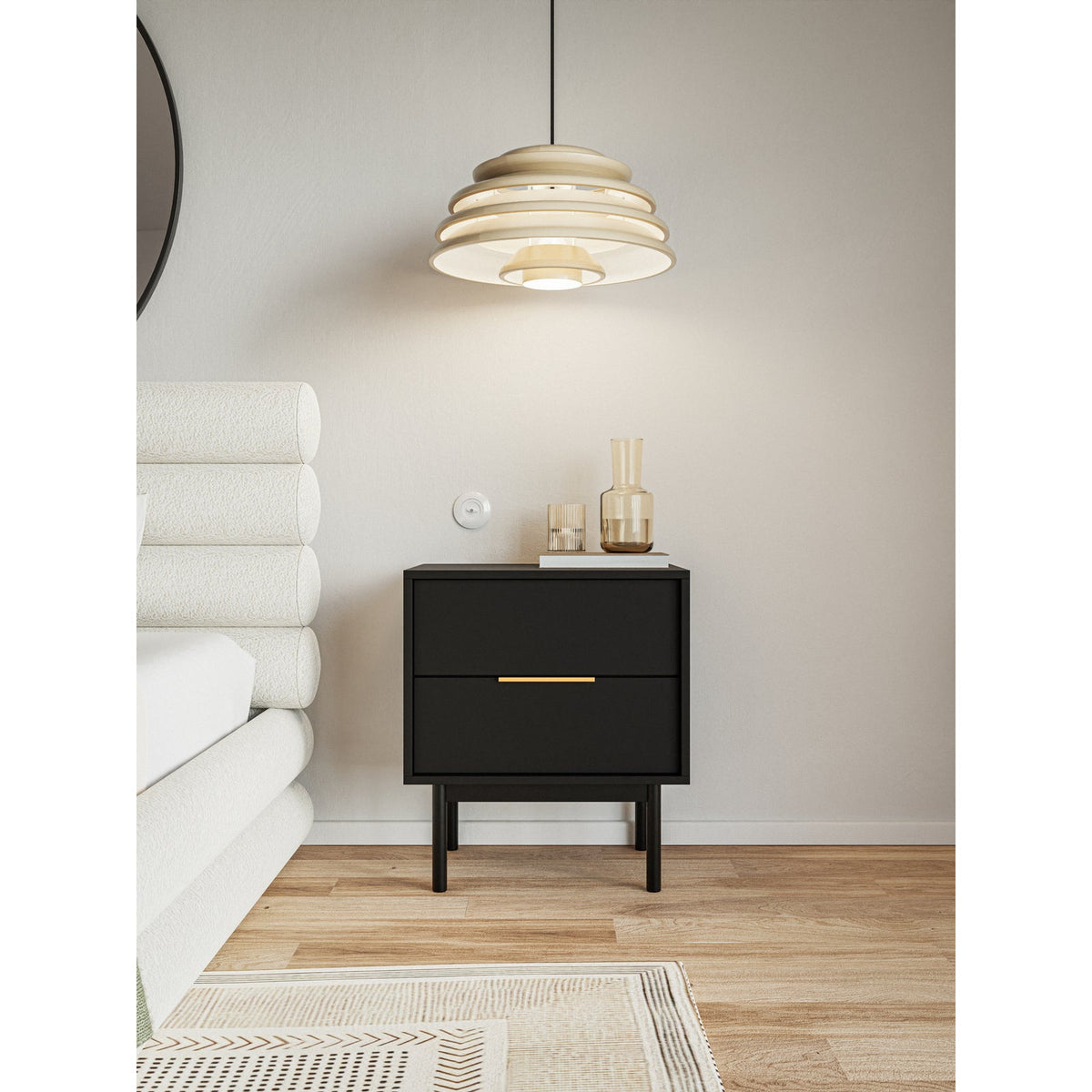 Naktinė spintelė NOLAH, 54 cm, juoda – medžio tekstūros detalė