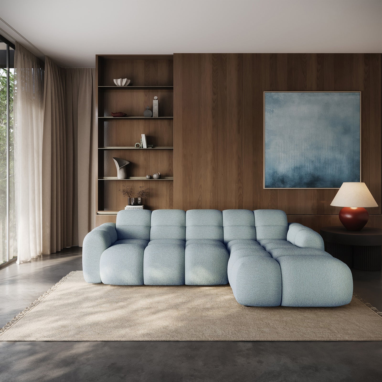 Kampinė sofa-lova VENTELLO, žydra šenilas