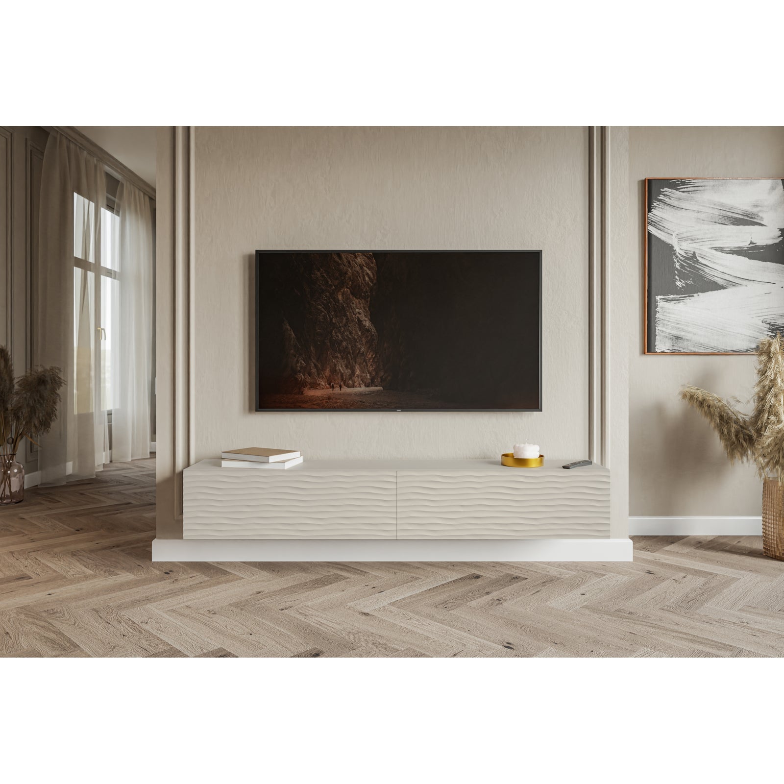 TV staliukas WAVIO, pilkai smėlinė, pakabinamas