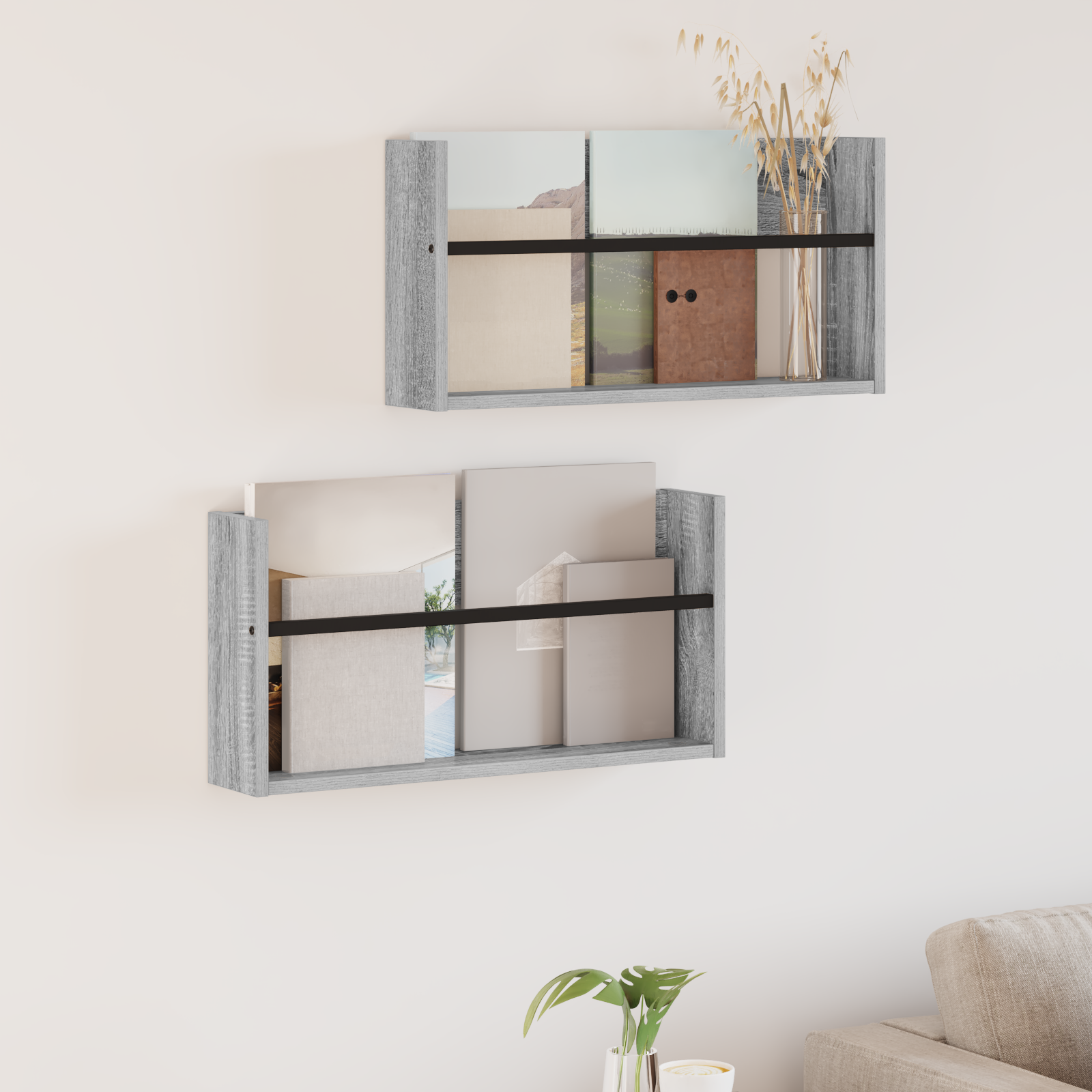 Žurnalų stovas su lentyna 2 pcs Pilkas Sonoma 60 x 12 x 30 cm