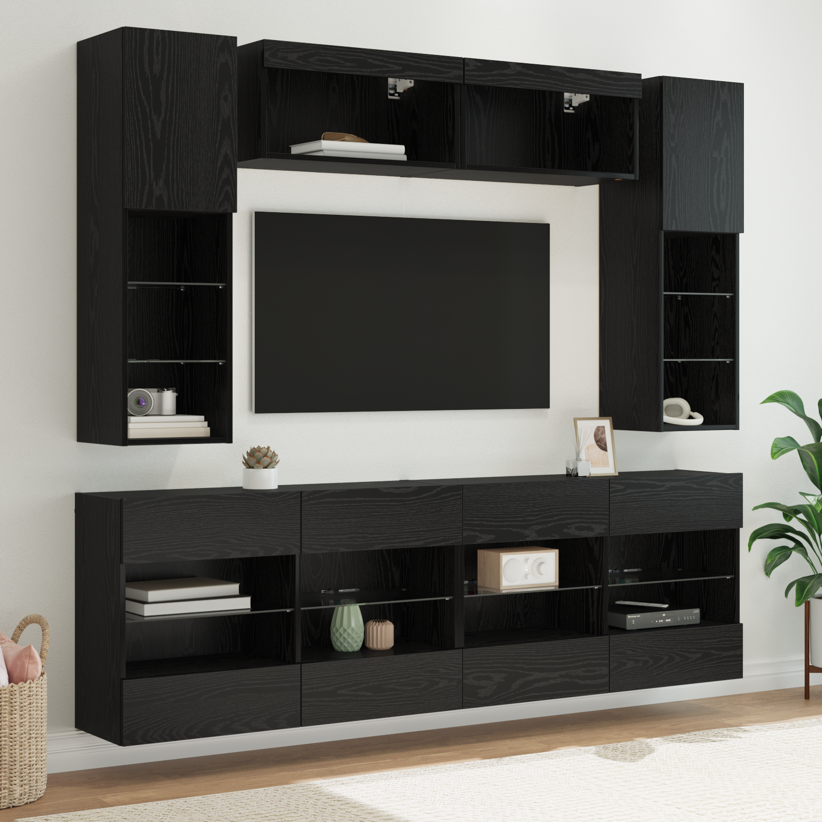 TV sieninio kabineto komplektas su LED 6 pcs Juodas Ąžuolas