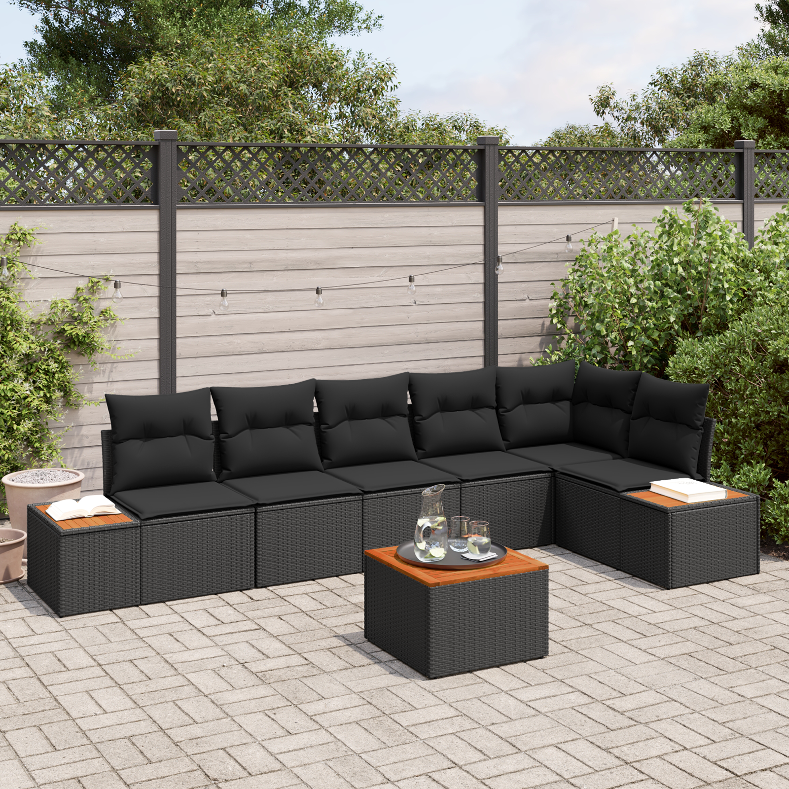 7 dalių sodo sofa komplektas su pagalvėmis Juodas Poli ratanas Akacija