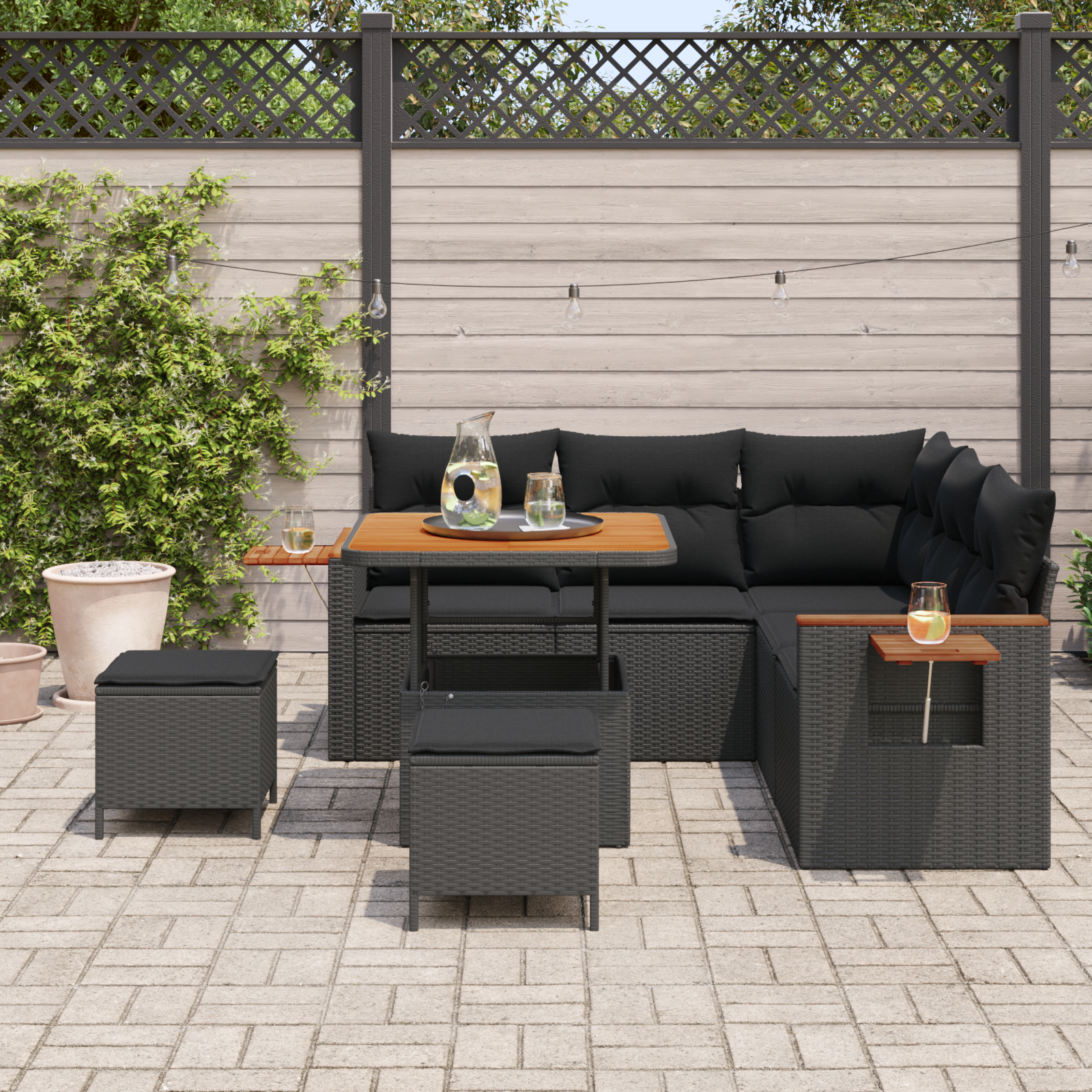 Sodo Sofų Rinkinys su pagalve 9 pcs Juoda poliratanas