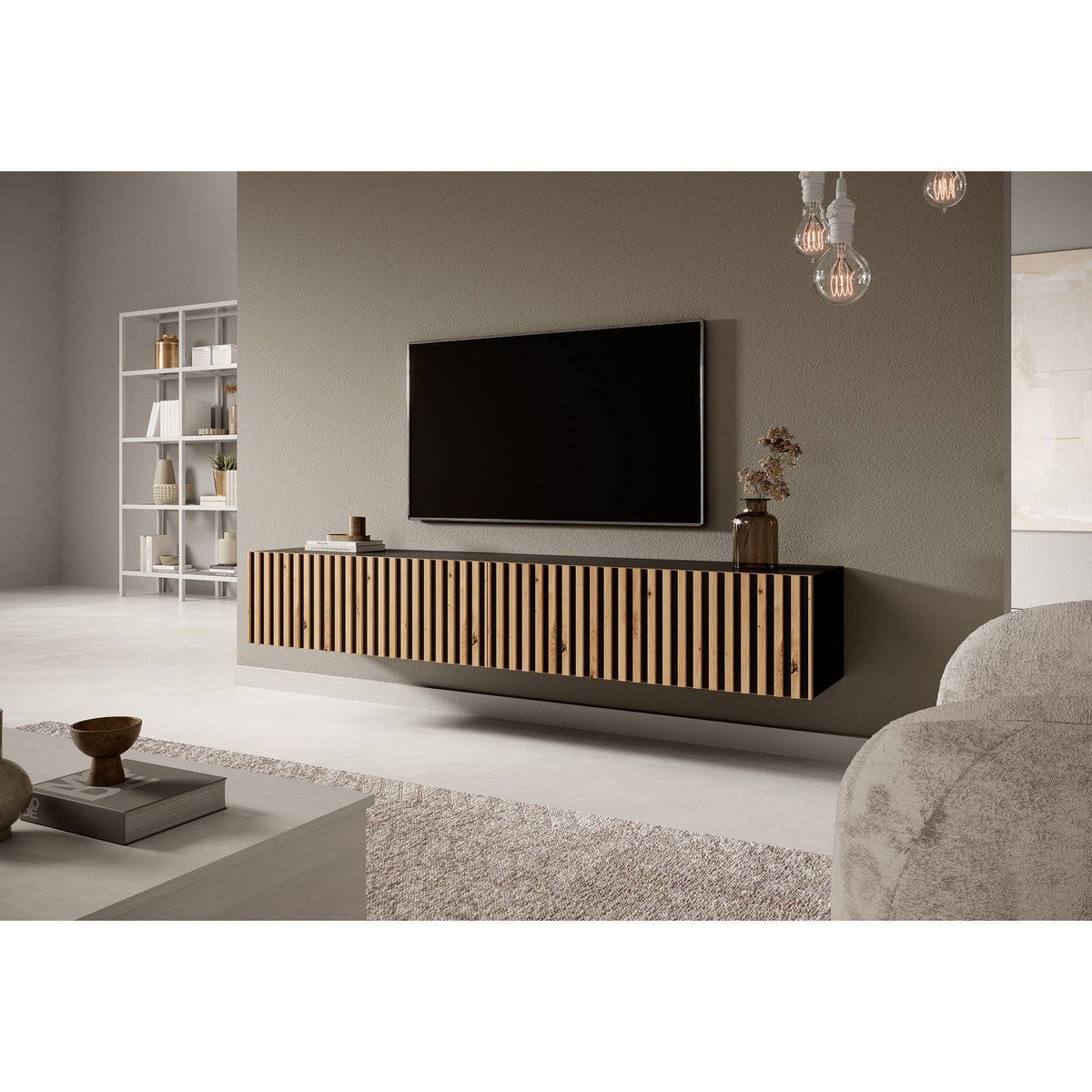 TV spintelė LORCAN, 175 cm, juoda+ąžuolas