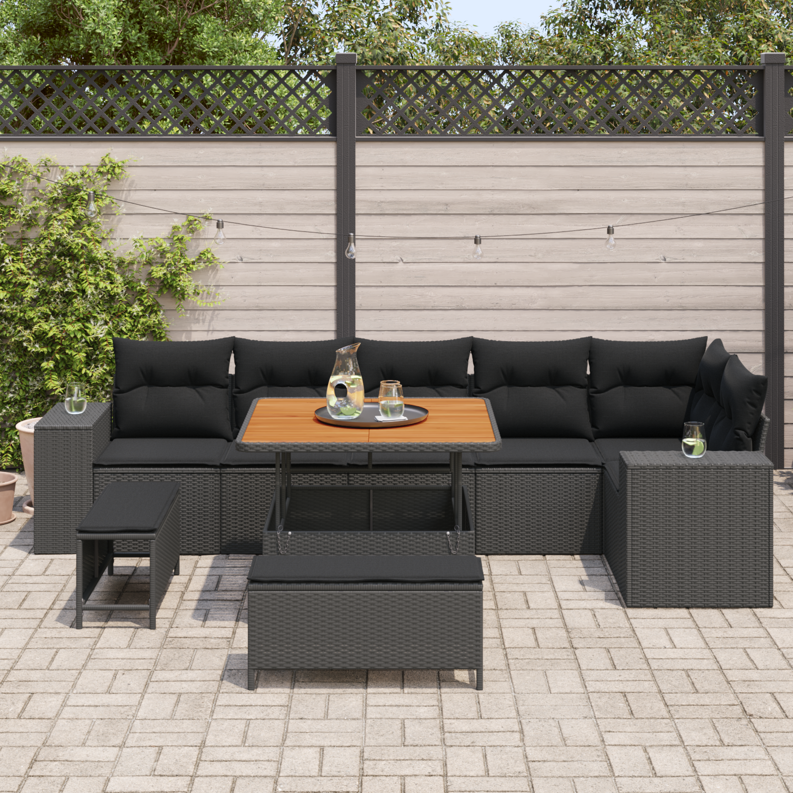 Sodo Sofų Rinkinys su pagalve 9 pcs Juoda poliratanas